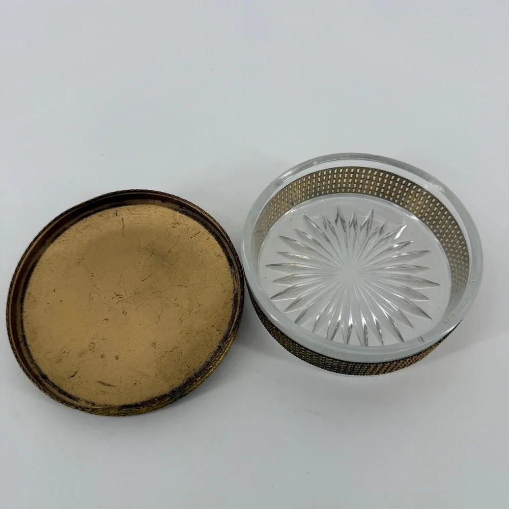 Vintage Ormolu Vanity Powder Jar Amber Lucite Lid Rose Cabochon Glass Box